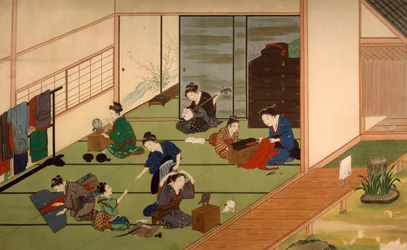 Gruppo di geishe, di Kawahara Keiga (1786-circa 1860), acquerello, Giappone, civiltà giapponese, inizio del XIX secolo