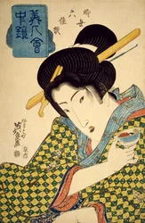 Ritratto a mezzo busto di giovane donna con tazza in mano, circa 1830, ukiyo-e di Keisai Eisen, serie specchio con belle donne, selezione di sei bellezze contemporanee, xilografia oban, civiltà giapponese, periodo Edo