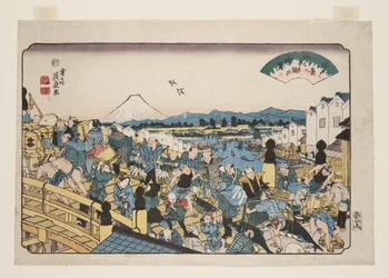 Tempo sereno a Nihonbashi (Nihonbashi no seiran) (stampa xilografica a colori)