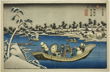 Vista Distante della Neve sul Fiume Sumida a Edo