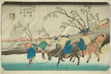 N. 20: Pioggia sulla pianura di Hiratsuka vicino alla stazione di Kutsukake (Niju: Kutsukake no eki, Hiratsukahara uchu no kei), dalla serie "[Sessantanove stazioni del] Kisokaido (Kisokaido [rokujukyu tsugi no uchi])"