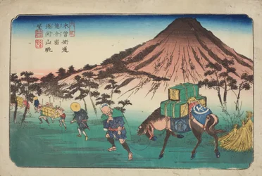 Oiwake, viaggiatori con un cavallo che passano una montagna, tavola 22 della serie: Le sessantanove stazioni della strada Kisokaido