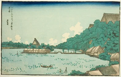 Tempio di Toeizan visto dal santuario di Shinobazu Benten a Edo (Edo Shinobazu Benten yori Toeizan o miru zu), da una serie di luoghi famosi di Edo con cornici di lettere occidentali