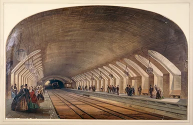 Interno della stazione di Baker Street che mostra le piattaforme e un treno in arrivo, Londra, c1865