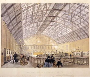 Interno della Stazione di Charing Cross con treni e tetto in ferro, Londra