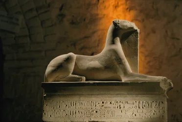 Statua in calcare del dio sciacallo Anubi accovacciato su una base a forma di sarcofago