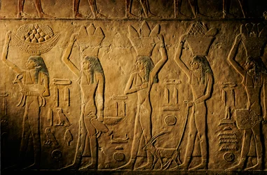 Donne che portano pane, uccelli, capre e prodotti, tomba di Tiye, Egitto; Antico Regno; Saqqara