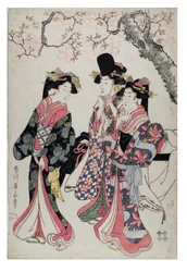 Tre cortigiane passeggiano sotto un ciliegio in fiore. Vestite in costume di corte, 1790-1815 circa (stampa xilografica su carta)