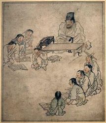 Una classe scolastica. Dipinto di Danwon (Kim Hongdo) (1745-1806), inchiostro su carta, arte coreana, periodo Joseon (Choson) XVIII secolo. Museo Nazionale della Corea, Seul (Corea del Sud)
