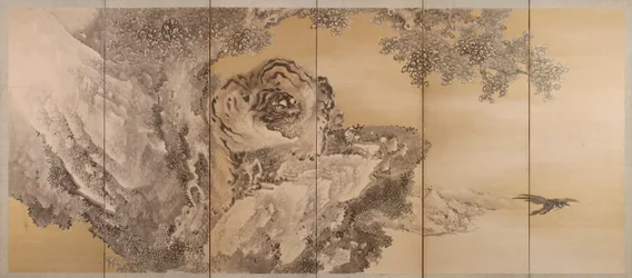 Schermo a sei pieghe che raffigura una tigre ruggente, 1749-1838