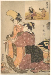 Una donna veste una ragazza per la danza kabuki «Musume Dōjōji», con un «quadro fratello» (E-kyōdai) di un ammaestratore di scimmie
