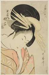 Akashi del Tamaya, dalla serie Sette Komachis di Yoshiwara (Seiro nana Komachi) (Tamaya uchi Akashi, Uraji, Shimano), c.1794-95
