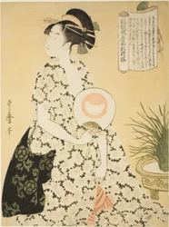 Bellezza che indossa un kimono estivo, dalla serie "Nuovi modelli di broccato tessuti in stile Utamaro" ("Nishiki-ori Utamaro-gata-shinmoyo")