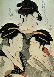 Primo piano di un dipinto di tre donne, Kitagawa Utamaro, era Kansei, Giappone