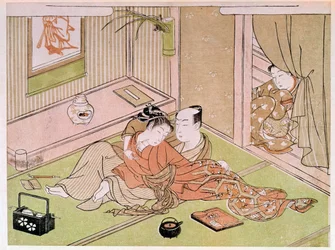 Coppia che si accarezza sotto lo sguardo della serva. Stampa giapponese di Kitagawa Utamaro (1753-1806). XVIII secolo. Parigi, Museo Guimet, Museo nazionale delle arti asiatiche