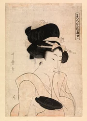 Cortigiana che tiene una tazza di sake, c.1790-1806 (xilografia a colori)
