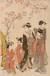 Cortigiane che passeggiano sotto i ciliegi, c.1789 (stampa xilografica) (dettaglio)