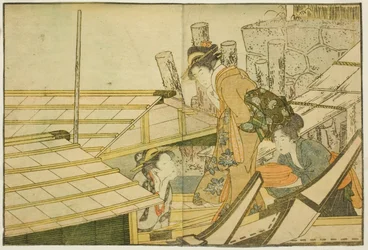 Imbarco su barche da piacere in estate, dal libro illustrato "Libro delle immagini: Fiori delle quattro stagioni (Ehon shiki no hana)," vol. 1