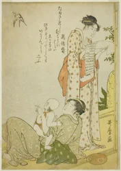 Fresco serale sulla veranda (Ensaki no yusuzumi): Scene di genere con poesie kyoka, in formato aiban (Kyoka-iri aiban fuzoku zu)