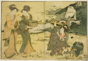 Raccolta di erbe primaverili, dal libro illustrato "Libro illustrato: Fiori delle quattro stagioni," vol. 1