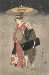 Geisha che cammina nella neve di notte