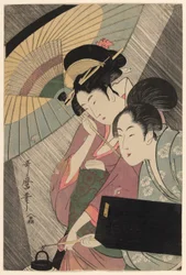 Geisha e assistente in una notte piovosa