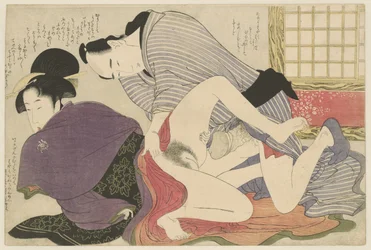 Geisha e amante vicino a un paravento