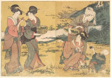 Ragazze che raccolgono foglie verdi, dal libro illustrato «Fiori delle quattro stagioni»