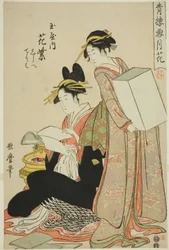 Hanamurasaki del Tamaya, (kamuro:) Shirabe, Teriha, Fiori dalla serie Neve, Luna e Fiori a Yoshiwara (Seiro setsugekka) (Tamaya uchi Hanamurasaki, Shirabe, Teriha)