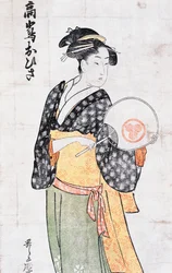 Ohisa della casa da tè Takashima, donna in kimono con ventaglio, stampa ukiyo-e di Kitagawa Utamaro, periodo Edo