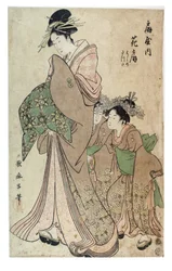 Oiran con due Kamuro, periodo Edo, 1790 circa (stampa woodblock su carta)