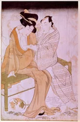 Rappresentazione di una coppia giapponese che si accarezza su una panchina. Stampa di Utamaro Kitagawa (1753-1806). Parigi, Museo Guimet, Museo Nazionale delle Arti Asiatiche