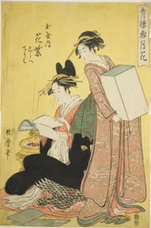 Neve, luna e fiori nei quartieri del piacere (Seiro setsugekka): Hanamurasaki del Tamaya con le assistenti Shirabe e Teriha