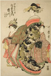 La cortigiana Ichikawa del Matsubaya in Edo-machi Itchome, con i suoi assistenti bambini Tamamo e Mitsumo