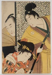 Il giovane samurai, Rikiya, con Konami e Honzo parzialmente nascosti dietro la porta, Atto II di "Chushingura"