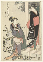 Due donne vicino a un cespuglio di yamabuki in fiore: il secondo atto