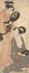 Due signore, ciascuna con una parte di uno specchio laccato, 1790s