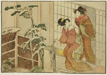 Due Donne sulla Veranda in una Mattina Nevosa, dal libro illustrato "Libro Illustrato: Fiori delle Quattro Stagioni (Ehon shiki no hana)," vol. 2