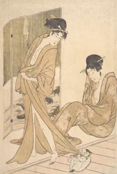 Due giovani donne avvolte in yukata dopo un bagno, ca. 1796