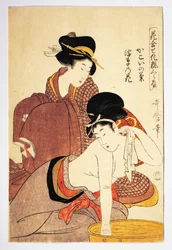 Donna che si lava, circa 1803, illustrazione di Kitagawa Utamaro da Hana Awase Kesho Kurabe, periodo Edo