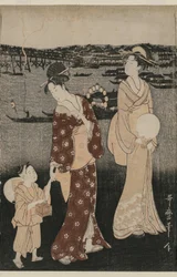 Donne che godono il fresco della sera vicino al ponte Ryogoku