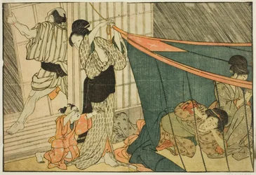 Donne Sotto una Zanzariera Durante un Temporale, dal libro illustrato "Libro Illustrato: Fiori delle Quattro Stagioni (Ehon shiki no hana)," vol. 1