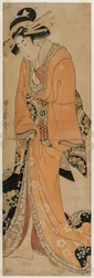 Geisha in piedi accanto a una custodia per shamisen