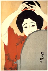 Donna che si aggiusta i capelli davanti allo specchio, 1930