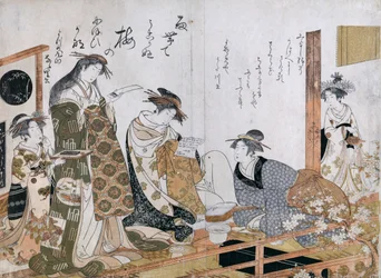 Cortigiane in kimono, illustrazione da cortigiane Utagawa e Nanasato della Casa Yotsuba