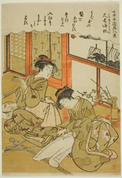 Il ritorno delle vele dei coltelli di bambù (Takenaga no kihan), dalla serie "Otto vedute degli utensili delle domestiche (Jochu tedogu hakkei)".