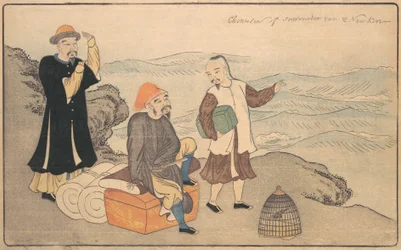 Gruppo di tre uomini cinesi su una scogliera vicino al mare, 1789