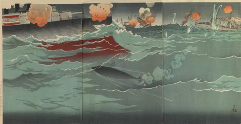 Il nostro siluro colpisce una nave da guerra russa nella Grande Battaglia Navale di Port Arthur, periodo Meiji