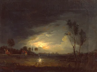 Paesaggio del fiordo con pescatori al chiaro di luna