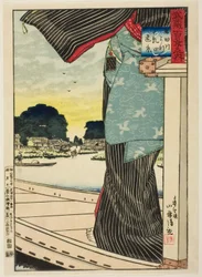 Vista lontana della collina di Matsuchi dal fiume Sumida (Sumidagawa yori Matsuchiyama enkei), dalla serie "Cento vedute della provincia di Musashi (Musashi hyakkei no uchi)"